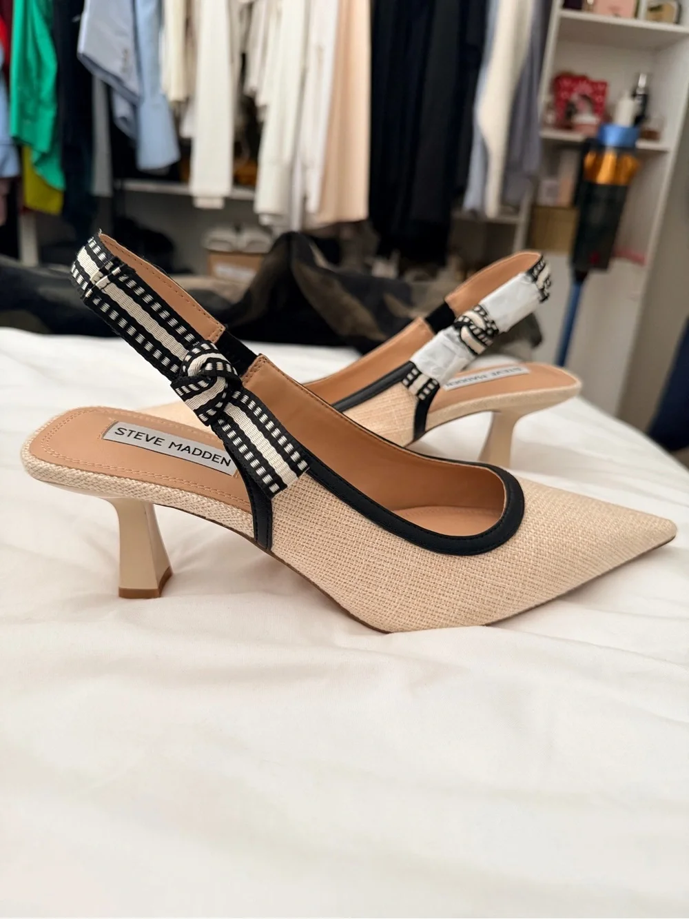 Steve Madden Cream and Black Slingback Pointed Kitten Heels
